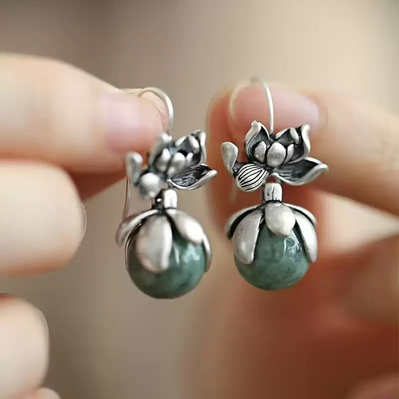 Jade Bead Lotus Drop Earrings – Vintage Chinese Style Elegant Jewelry
