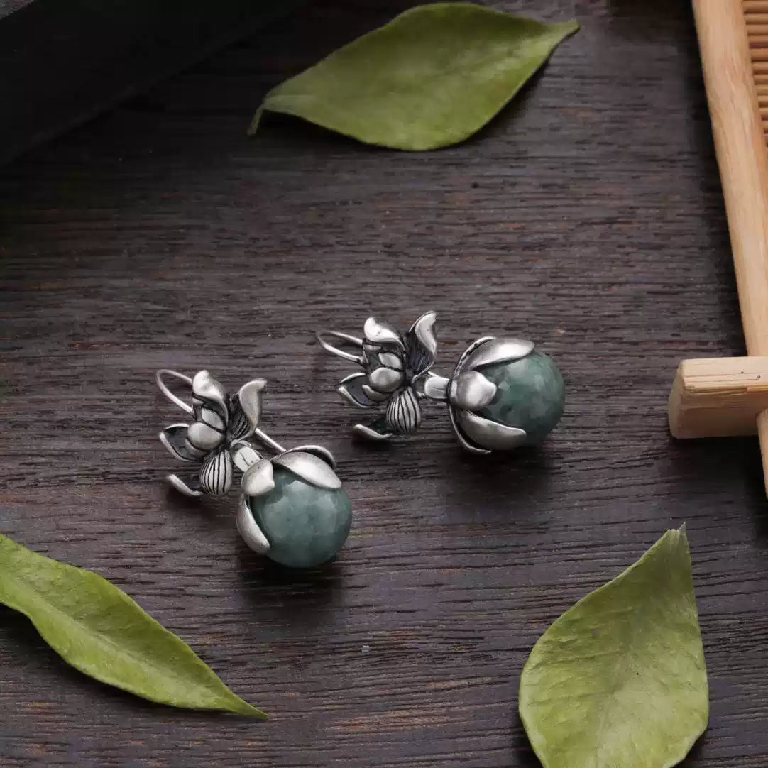 Jade Bead Lotus Drop Earrings – Vintage Chinese Style Elegant Jewelry