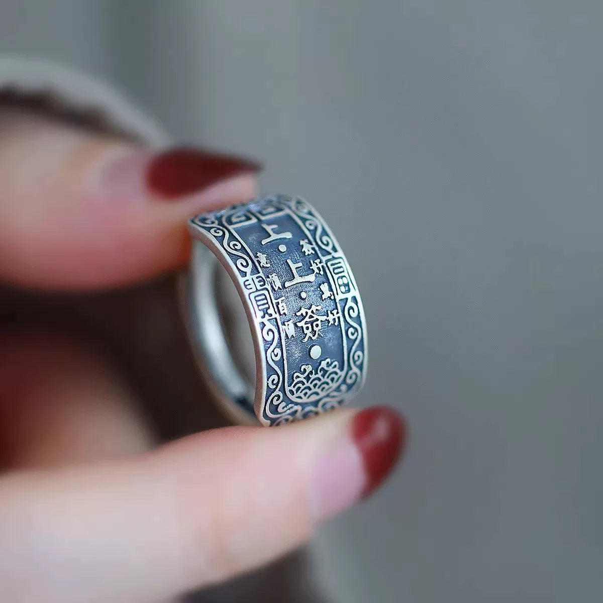 Oriental Lucky Symbol Ring – 925 Silver Vintage Engraved Open Ring for Women and Men