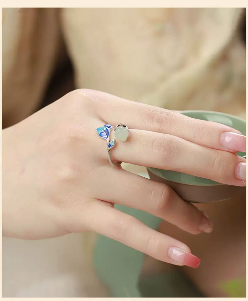 Handcrafted Magnolia Blossom Ring in 925 Sterling Silver  Hetian Jade – Vintage Chinese Cloisonné Enamel Adjustable Ring