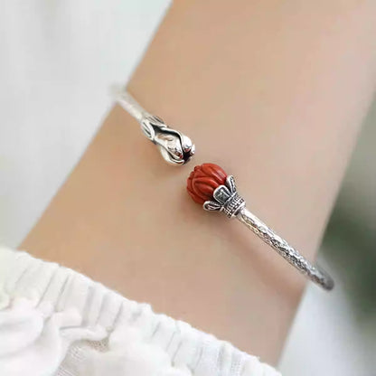 Red Agate Lotus Bracelet – Chinese Style Adjustable Open Bangle for Women