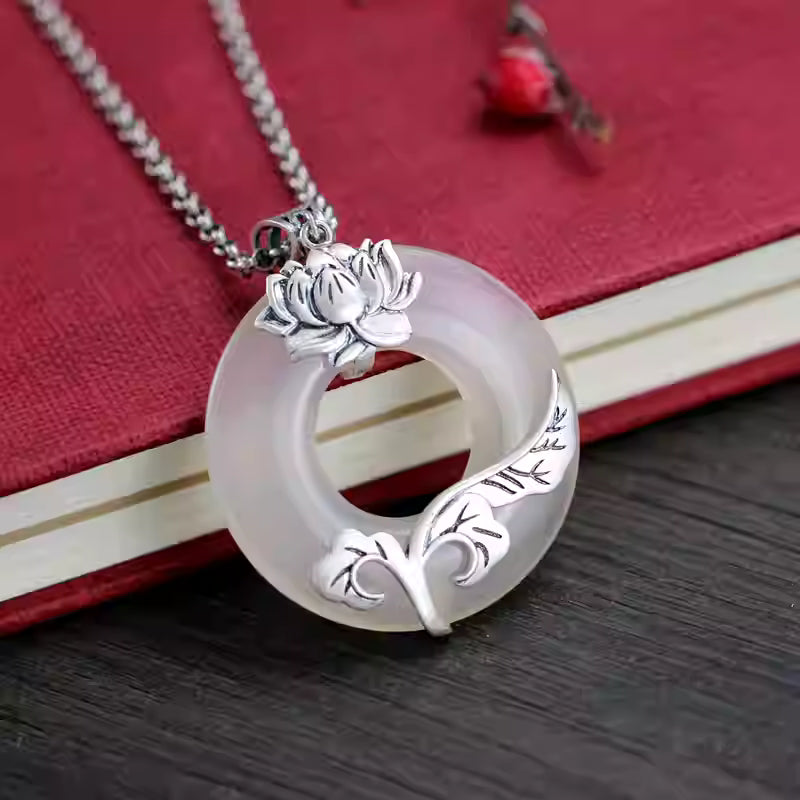 925 Sterling Silver Chalcedony Lotus Pendant – Chinese Style Handcrafted Necklace, Elegant Feng Shui Jewelry for Women