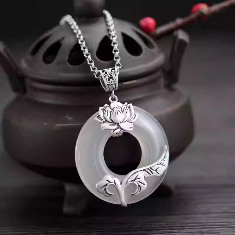 925 Sterling Silver Chalcedony Lotus Pendant – Chinese Style Handcrafted Necklace, Elegant Feng Shui Jewelry for Women