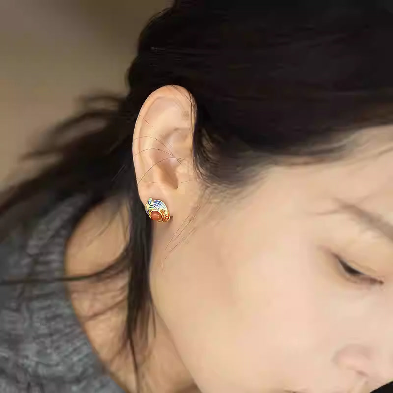 Koi Fish Enamel Stud Earrings – 925 Sterling Silver Gold Plated Earrings with Natural Red Agate | New Chinese Style Jewelry