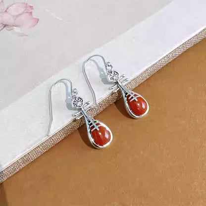 925 Sterling Silber Nanhong Achat Pipa Ohrringe – Vintage Chinesischer Stil Roter Edelstein Ohrhänger für Damen