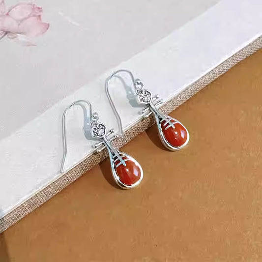 Nanhong Agate Pipa Earrings – Vintage Chinese Style Red Gemstone Drop Earrings for Women