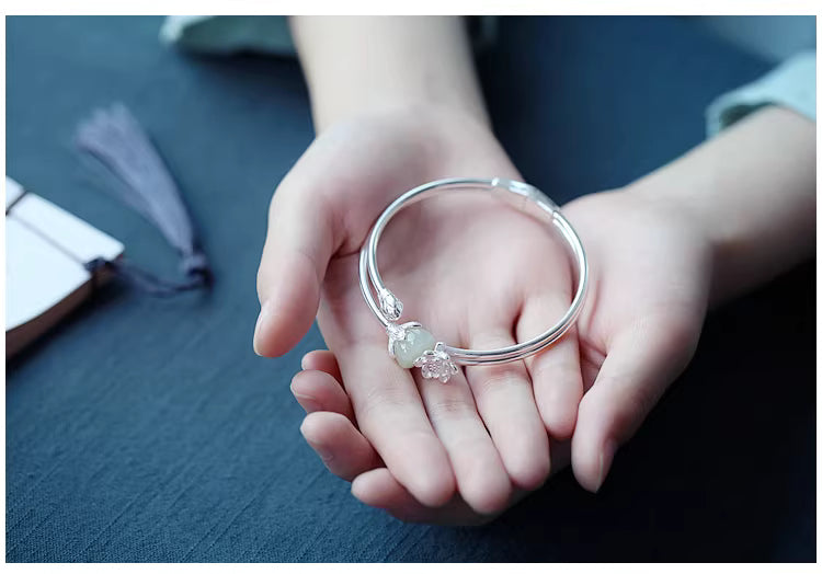 925 Silver Hetian Jade Lotus Seedpod Adjustable Bangle – Chinese Style Hanfu Qipao Bracelet