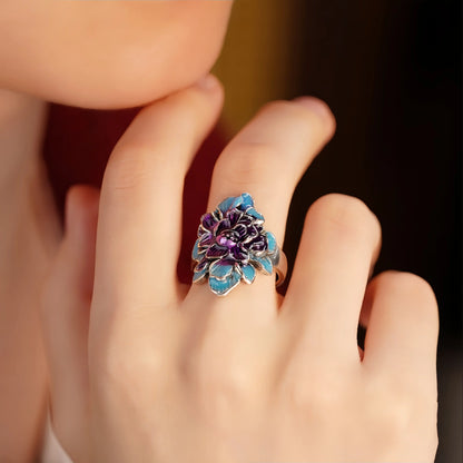 Blau-violetter Emaille-Pfingstrosenring für Damen – Verstellbarer Statement-Ring im Vintage-Ethno-Stil aus Legierung