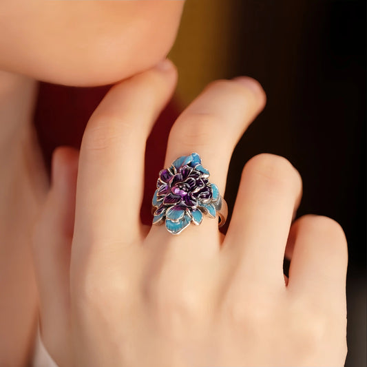 Blue Purple Enamel Peony Ring for Women – Vintage Ethnic Style Adjustable Alloy Statement Ring