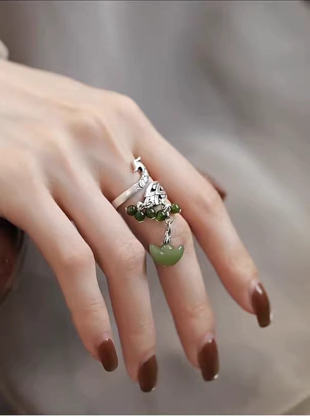 925 Silver Jade Peacock Tassel Ring – Vintage Chinese Style Ethnic Ring for Women