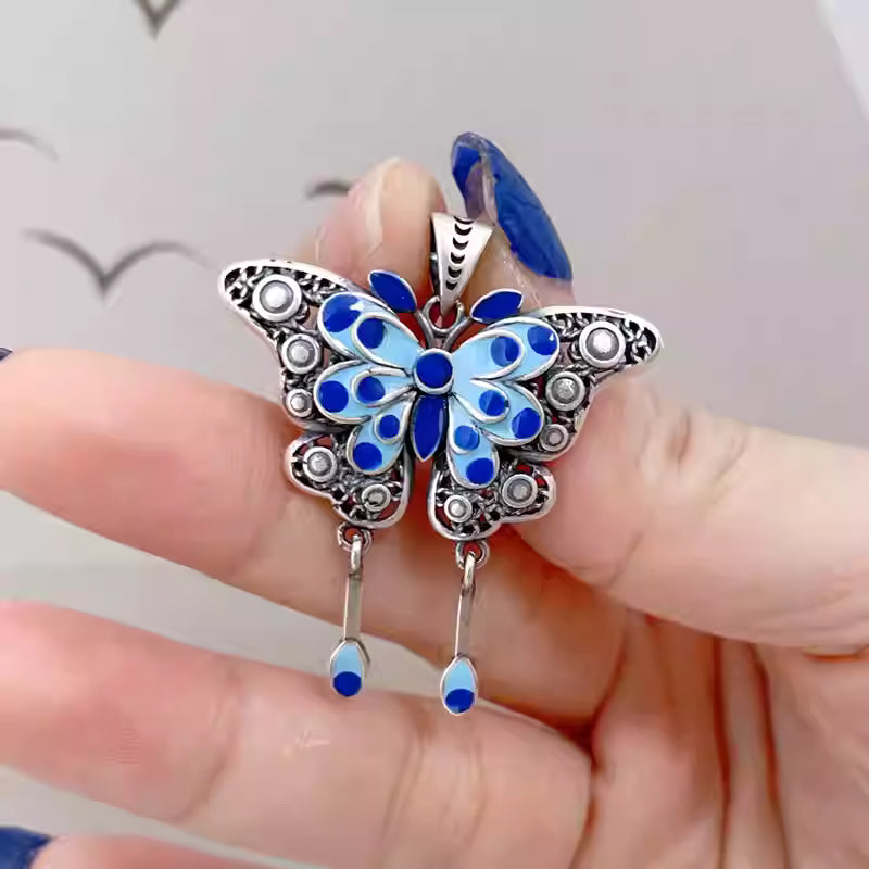 Blue Enamel Butterfly Tassel Pendant Necklace – 990 Silver Elegant Vintage Accessory