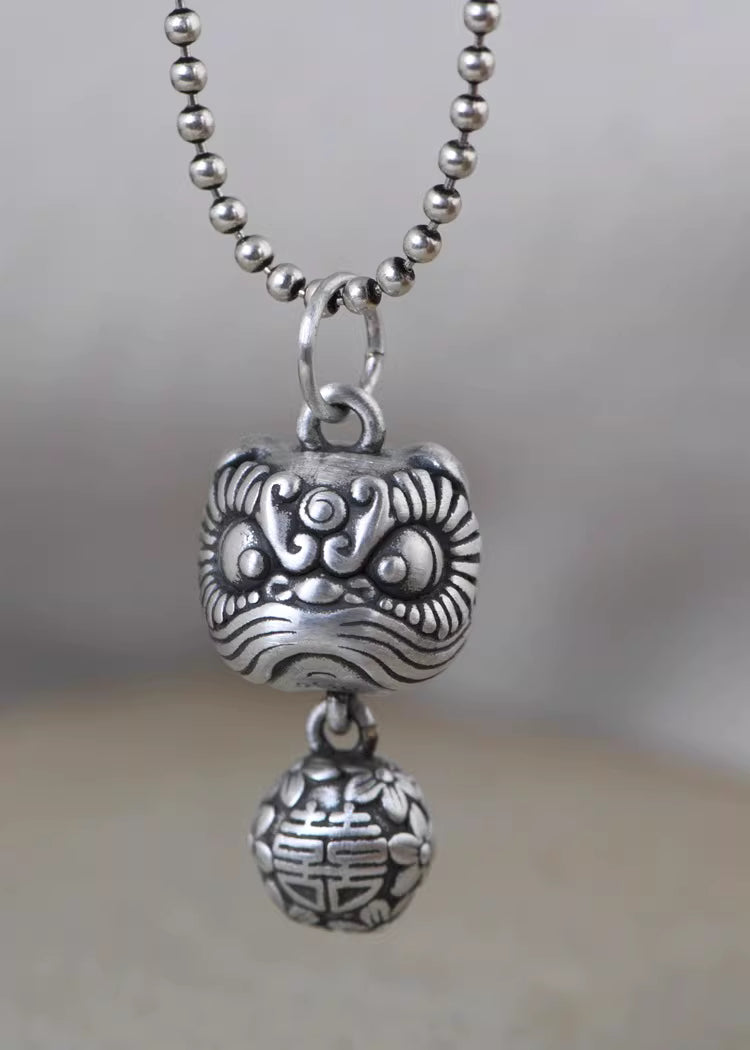 Taotie Hollow Pendant – Retro Chinese Double Happiness Flower Ball Necklace