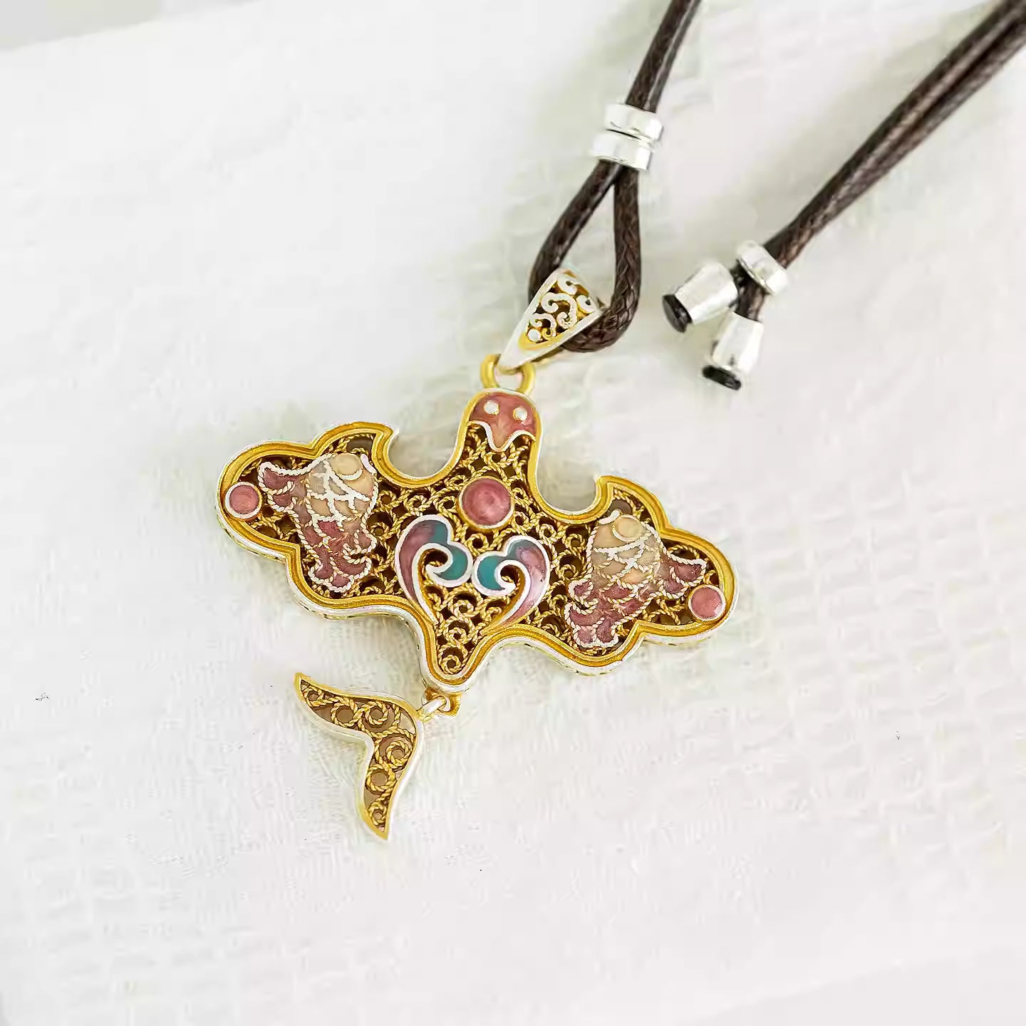 Colorful Kite Double Fish & Swallow Enamel Pendant Necklace – 999 Fine Silver Gilded New Chinese Style