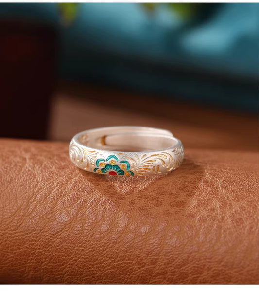 9999 Fine Silver Bao Xiang Enamel Ring – Chinese Tang Grass Pattern Adjustable Ring with Engraved Heart Sutra for Women