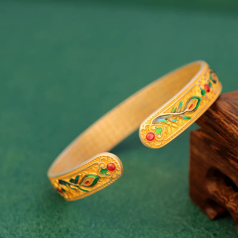 9999 Fine Silver Enamel Phoenix Feather Heart Sutra Bangle – Adjustable Solid Silver Bracelet for Women