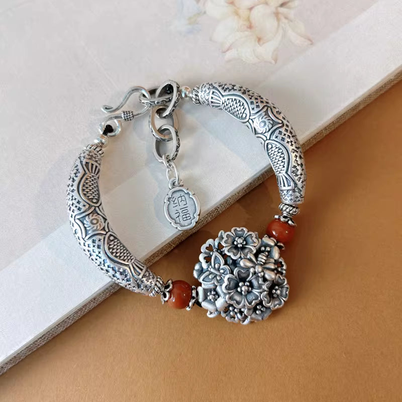 999 Fine Silver Blooming Flower Bracelet with South Red Agate – Curved Fish Pattern “Nafu” Feng Shui Handmade Jewelry