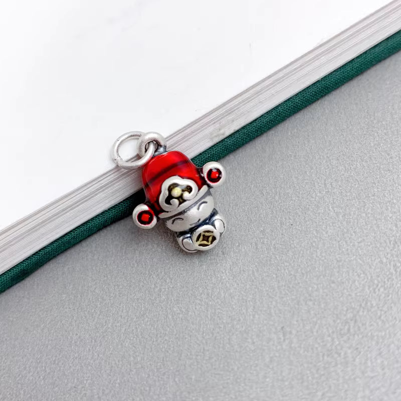 999 Fine Silver Cute God of Wealth Pendant – Enamel Coin Design, New Chinese Style Necklace