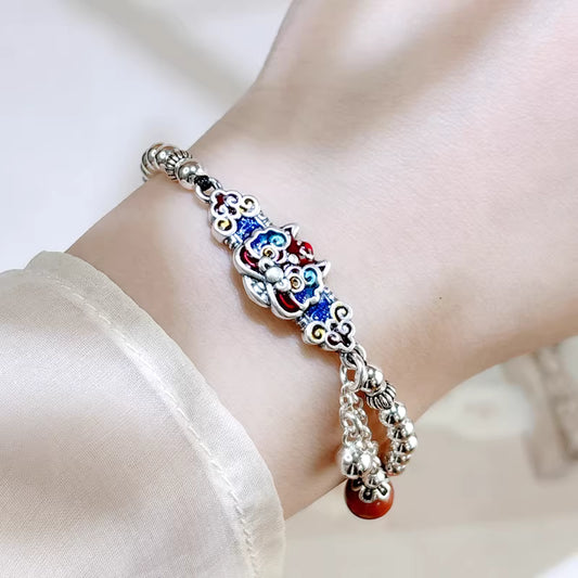 999 Fine Silver Enamel Guardian Lion Bracelet – Vintage Chinese Style Adjustable Lucky Charm Jewelry