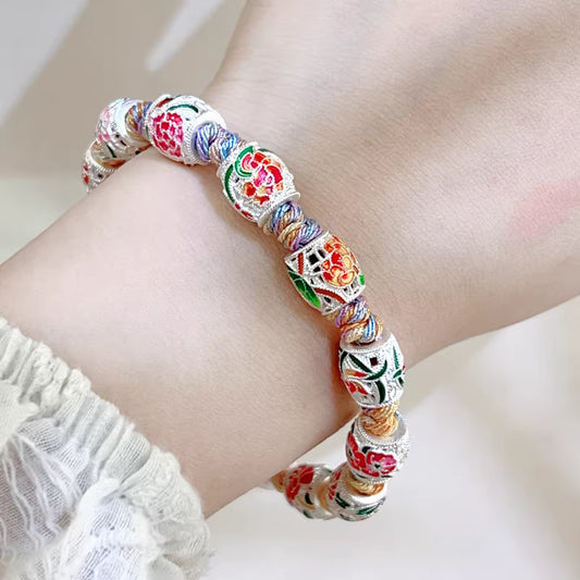 Twelve Flower God Bracelet with Colorful Enamel – Adjustable Chinese Style Feng Shui Design