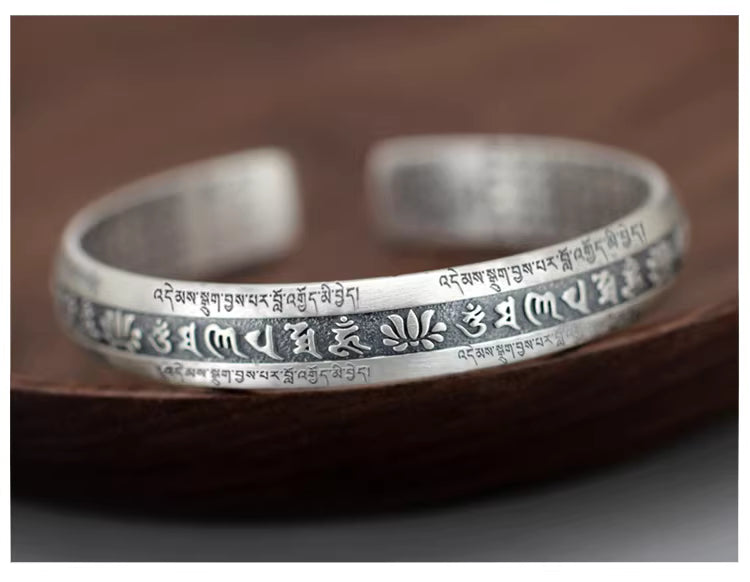 999 Fine Silver Solid Heart Sutra Bracelet – Adjustable Open Band Unisex Couple Bangle