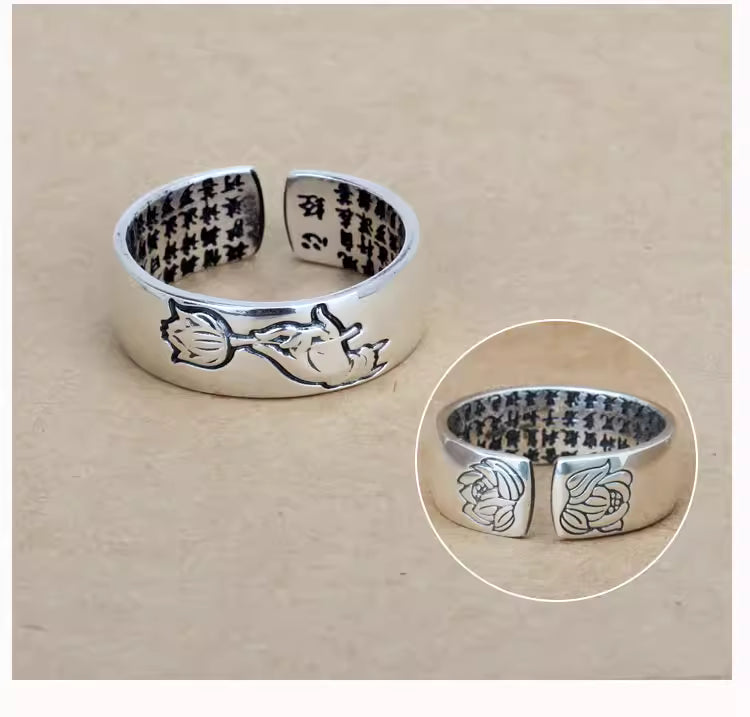 999 Fine Silver Heart Sutra Lotus Ring – Adjustable Open Band Unisex Couple Ring, Vintage Style