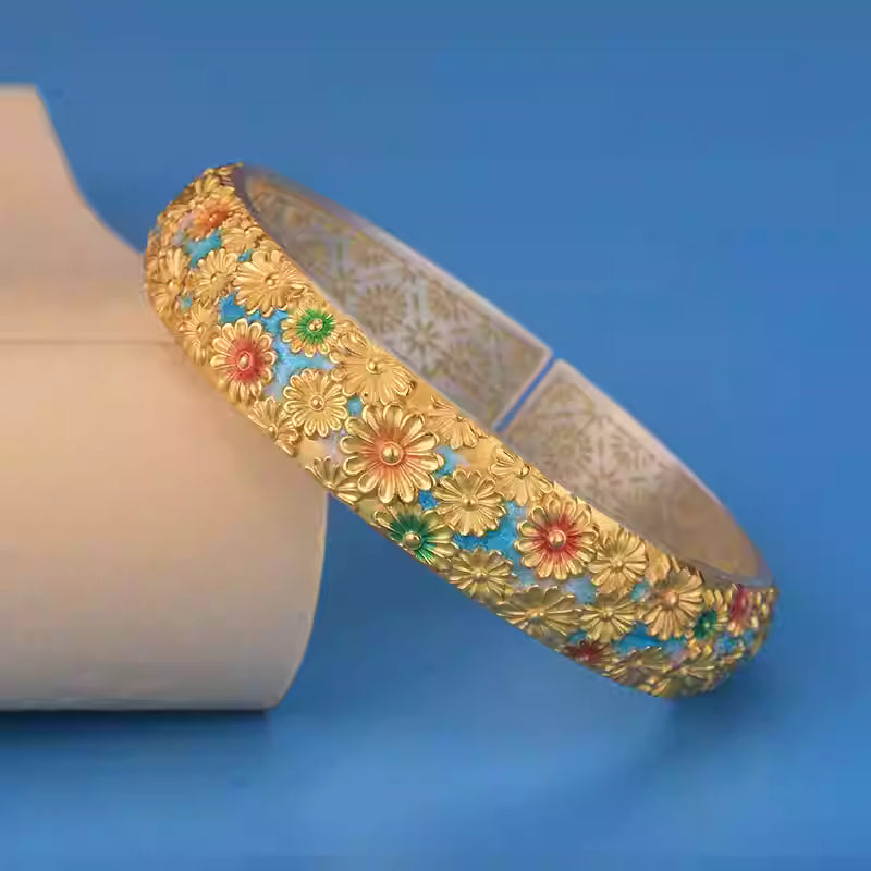 999 Pure Silver Enamel Daisy Bangle – Gold-Outlined Floral Cuff Bracelet for Women | Traditional Chinese Handcrafted Jewelry