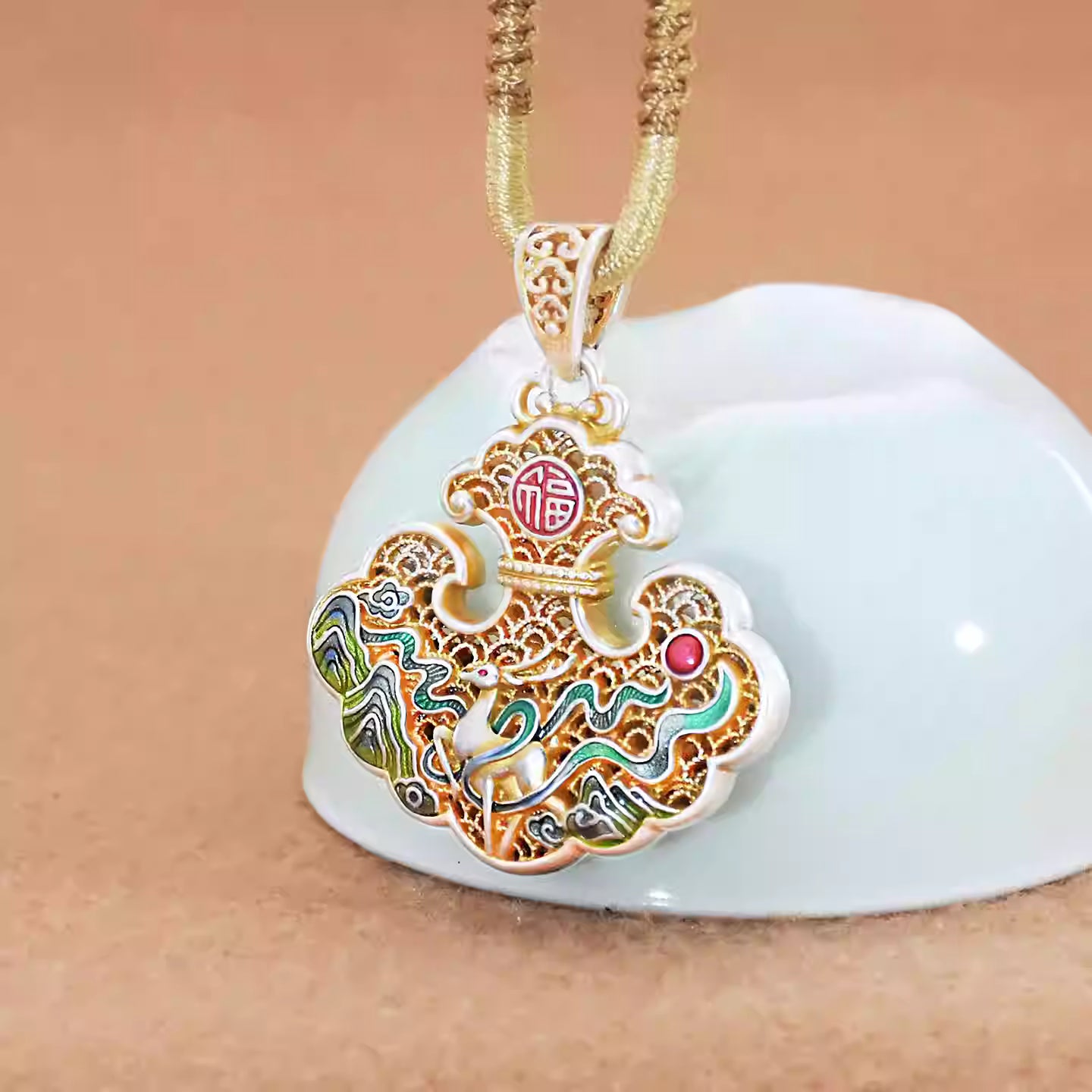 "Yi Lu You Ni" 999 Silver Deer Pendant – Gold-Accented Cloisonné Ruyi Lock Necklace