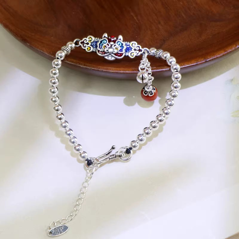 999 Fine Silver Enamel Guardian Lion Bracelet – Vintage Chinese Style Adjustable Lucky Charm Jewelry
