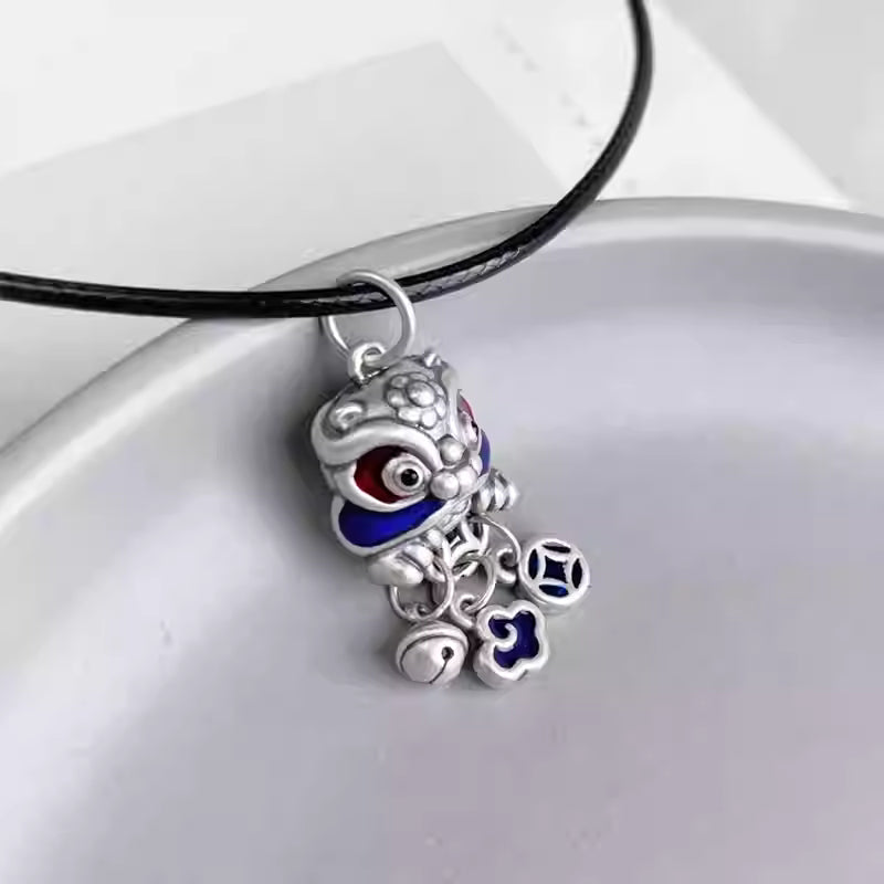 999 Sterling Silver Lion Dance Tassel Necklace – Unisex Pendant with Cloisonné Blue, Copper Coin & Bell, Chinese Feng Shui Jewelry