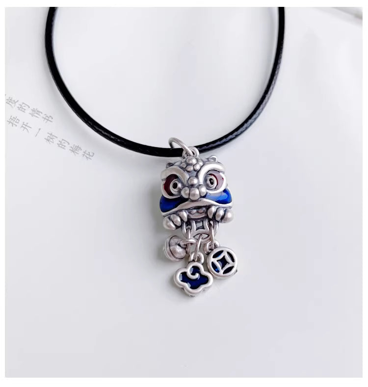 999 Sterling Silver Lion Dance Tassel Necklace – Unisex Pendant with Cloisonné Blue, Copper Coin & Bell, Chinese Feng Shui Jewelry