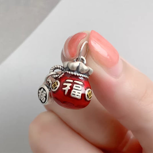 Chinese Guochao Fortune Bag Tassel Pendant with “Fu” Character – Cloisonné Enamel Lucky Charm