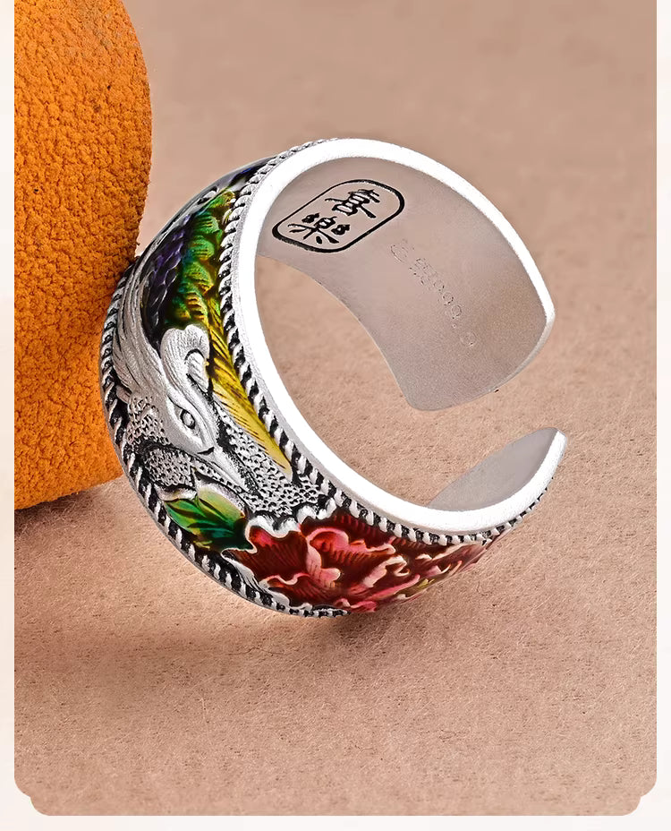 Fine Silver 999 Phoenix & Peony Enamel Open Ring – Hand-Engraved Chinese Auspicious Jewelry