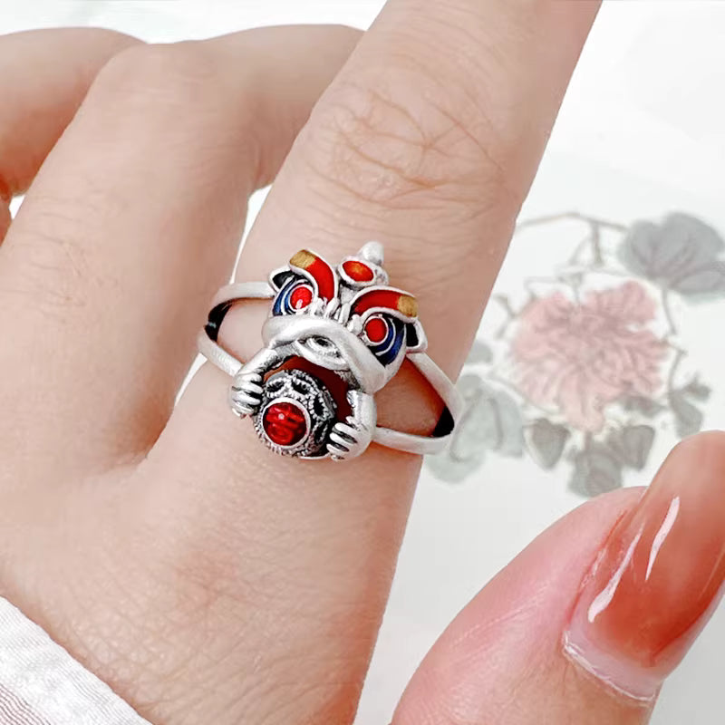 Rotating Lion Dance Ring – Adjustable Open Red Enamel Spinner Ring, Chinese Style Lucky Jewelry for Women