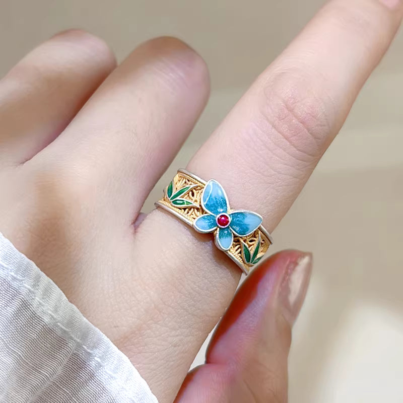 999 Sterling Silver Blue Enamel Butterfly Ring – Adjustable Bamboo Leaf Open Ring, Chinese Style Elegant Jewelry for Women