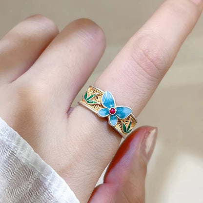 999 fine silver Blue Enamel Butterfly Ring – Adjustable Bamboo Leaf Open Ring, Chinese Style Elegant Jewelry for Women