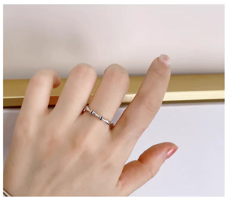 Vintage Bamboo Segment Adjustable Ring – Minimalist Polished Silver Band