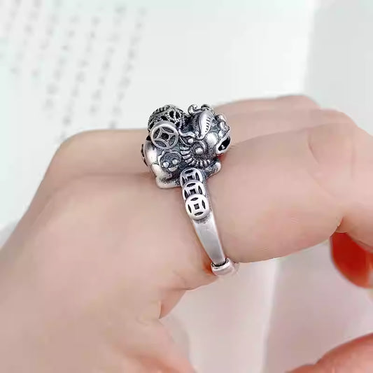 990 Pure Silver Rotating Pi Xiu Ring – Adjustable Open Band Coin Style Ring for Women | Feng Shui Jewelry