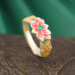 9999 Fine Silver Gold Enamel Lotus Ring – Adjustable Modern Chinese Style Statement Ring for Women