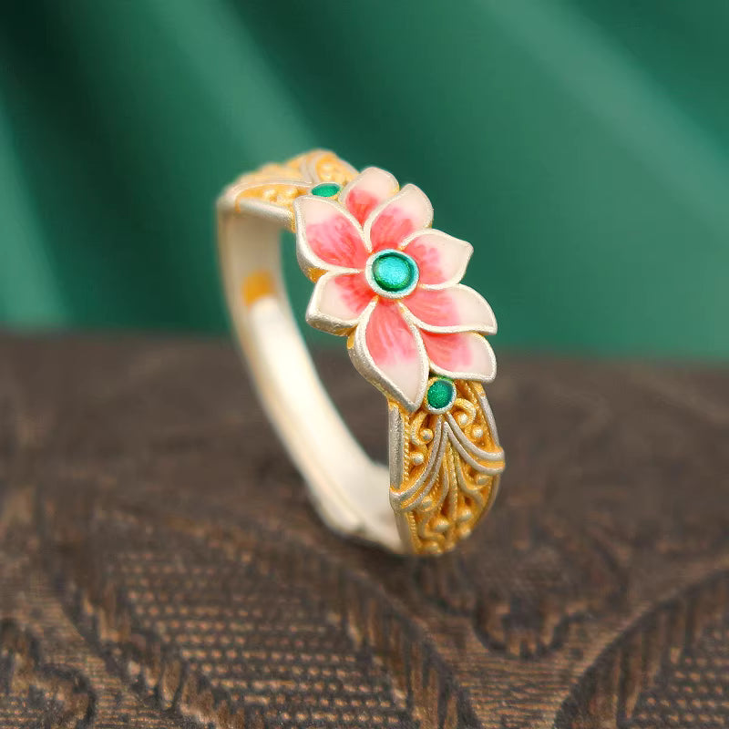 9999 Fine Silver Gold Enamel Lotus Ring – Adjustable Modern Chinese Style Statement Ring for Women
