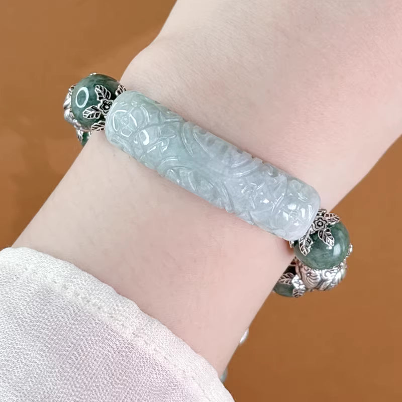 Lucky "Ji" Character Jade Curved Tube Bracelet with Gourd Tassel – Adjustable Feng Shui Design | 999 Sterling Silver