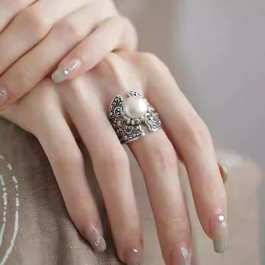 S925 Silver Engraved Butterfly Shield Ring with Natural Pearl – Adjustable Vintage Ethnic Ring for Women