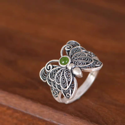 Vintage S925 Silver Adjustable Butterfly Ring – Natural South Red Agate & Jade Women’s Open Band Ring