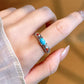 Adjustable Turquoise Cabochon Ring with Red Agate – Mongolian Style Hollow Silver Band