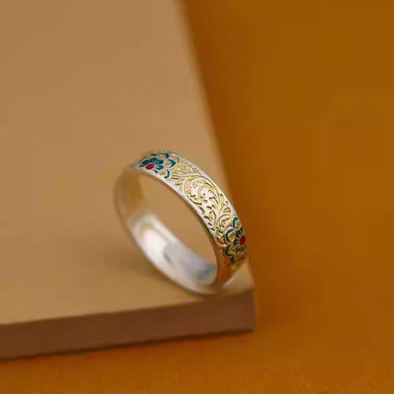 Sterling Silver Adjustable Heart Sutra Ring – Gold Enamel Floral & Scroll Design, Ethnic Style