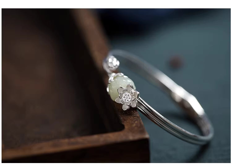 925 Silver Hetian Jade Lotus Seedpod Adjustable Bangle – Chinese Style Hanfu Qipao Bracelet