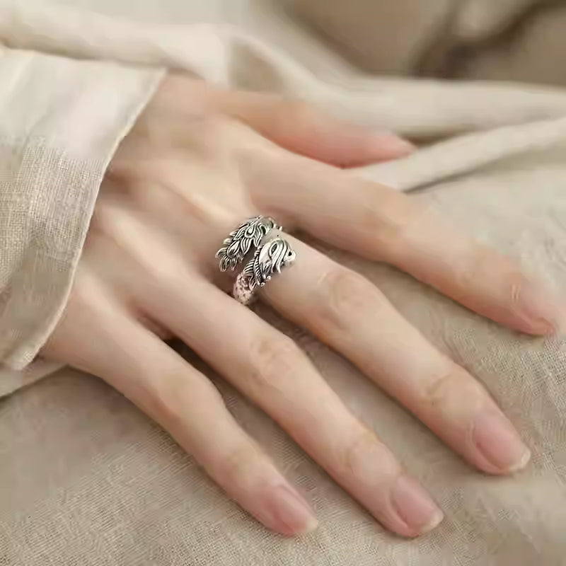 S925 Silver Dragon and Phoenix Couple Rings – Adjustable Open Band, Vintage Chinese Style, Unique Pair Rings for Couples