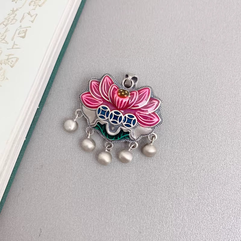 990 Sterling Silver Pink Lotus Tassel Necklace – Ethnic Style Handcrafted Pendant for Women