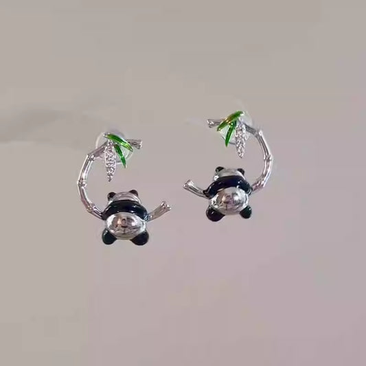 Bamboo Panda Stud Earrings – Cute Green Leaf Oriental Style Earrings for Women