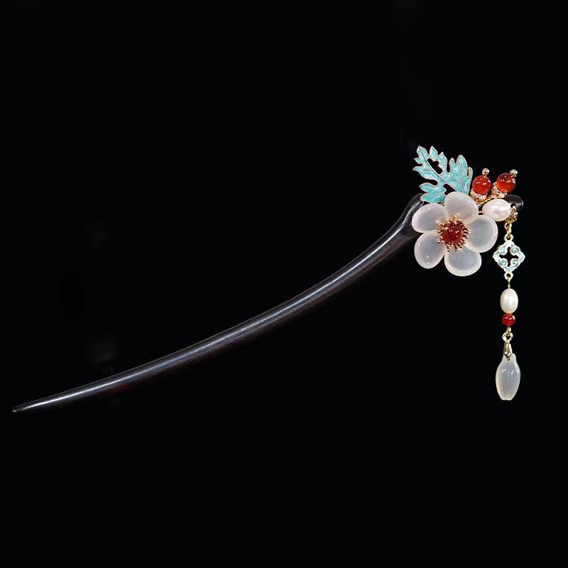 Agate and Ebony Wood Hairpin with Pearls – Handmade Chinese Hanfu & Qipao Hair Accessory,