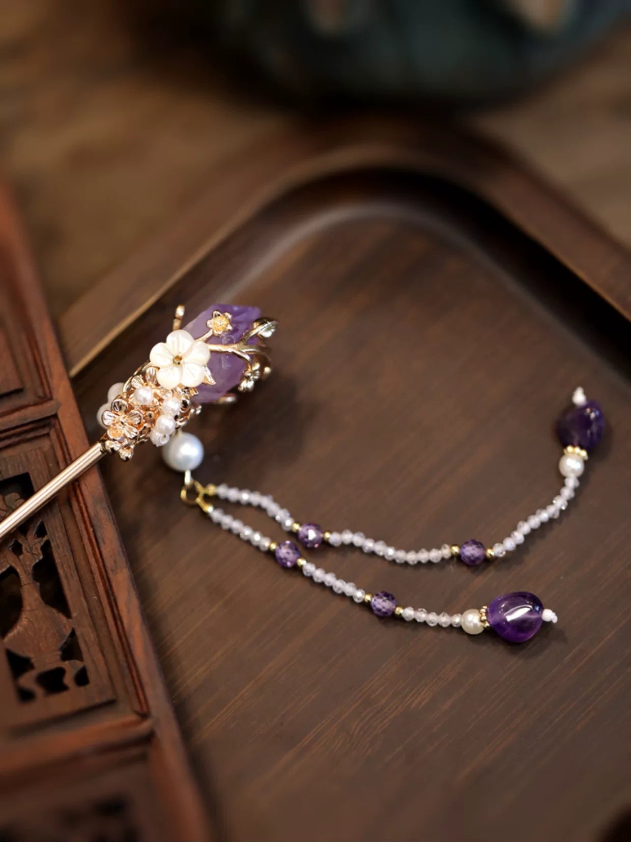 New Chinese Style Amethyst Pearl Tassel Hairpin – Elegant Hanfu Qipao Hair Ornament